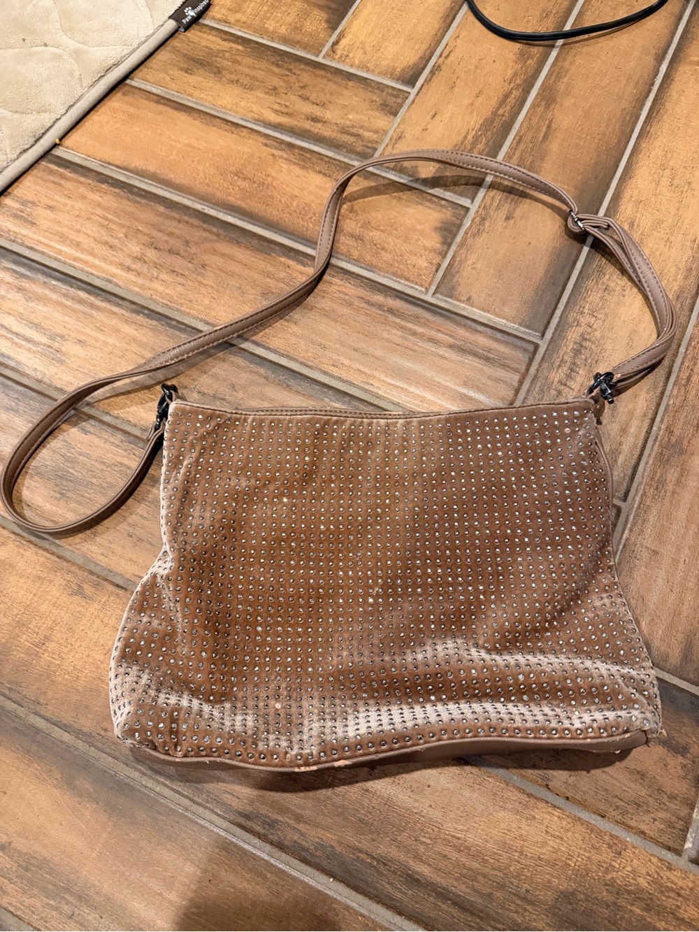 Betsey Johnson Taupe Studded Suede Crossbody Bag